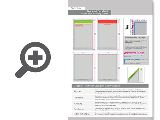 Product Bild block_mit_leimbindung_und_deckblatt__din_a6__10_blatt__4_4_farbig_beidseitig_bedruckt